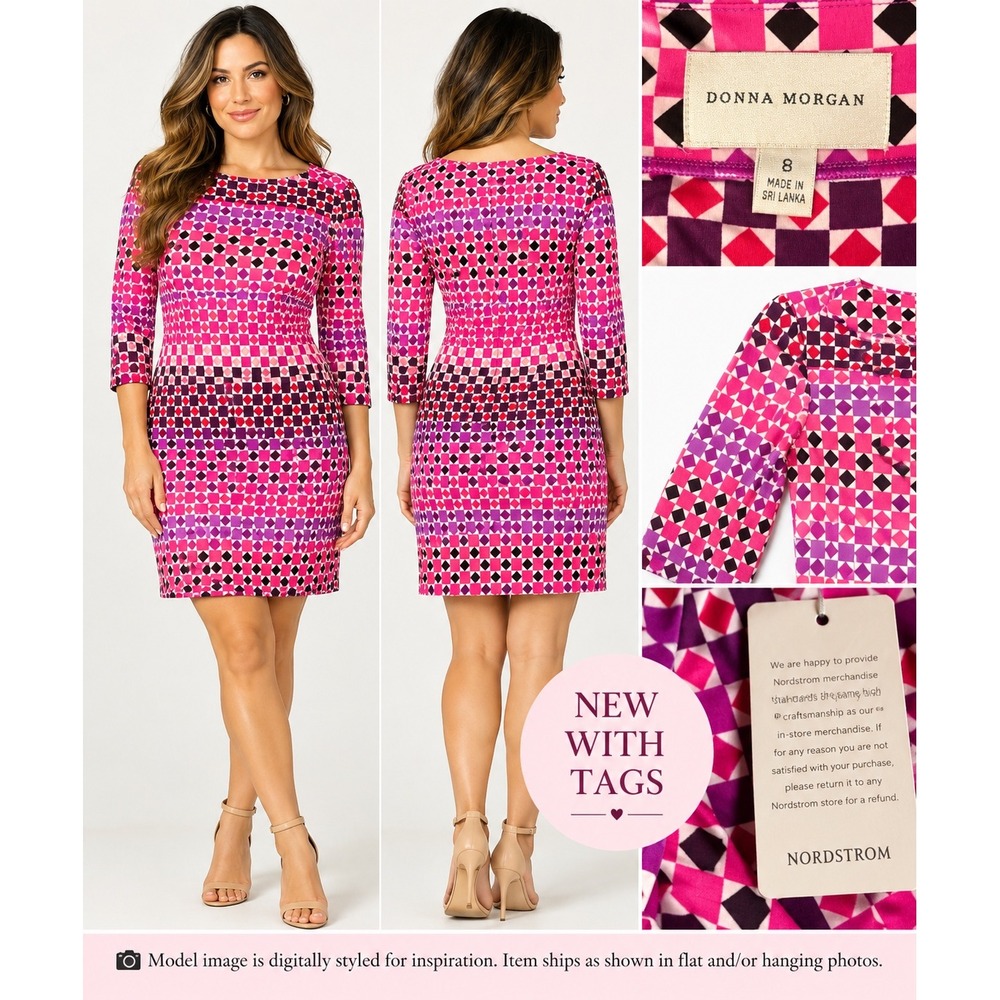 Donna Morgan NWT Geometric Print Dress Pink Purple Magenta Long Sleeve Size 8